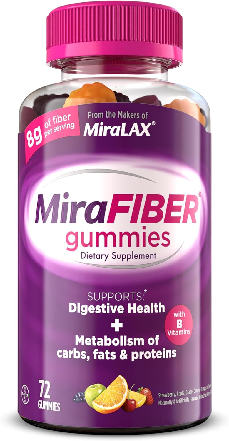 MiraLAX New MiraFIBER Gummies, 8g of Daily Prebiotic Fiber with B Vitamins to Support Digestive Health and Metabolism, Fruit Flavored Fiber Gummies, 72 Count, 18 Servings per Bottle